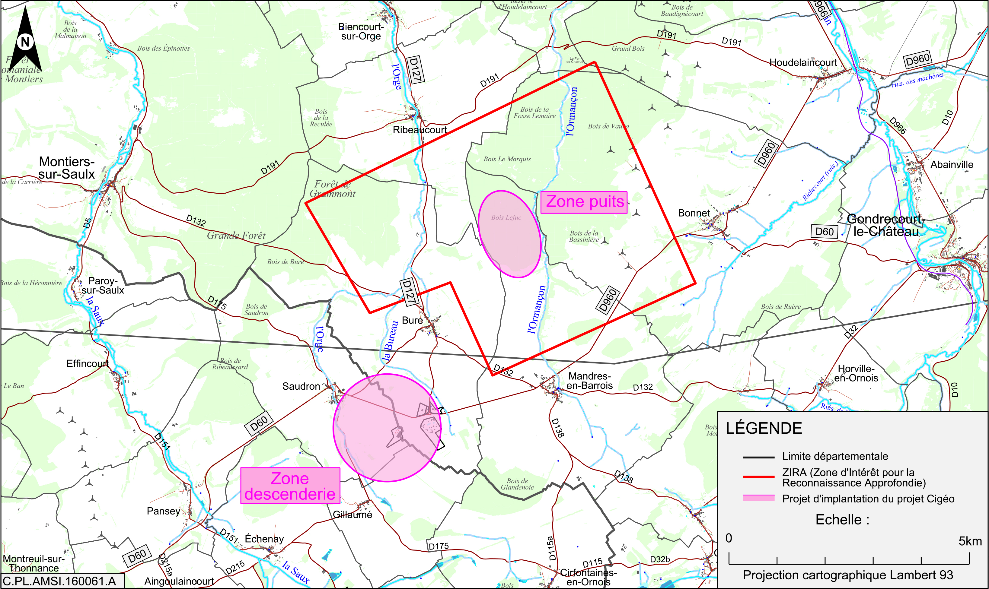 Carte des zones de surface de Cigéo